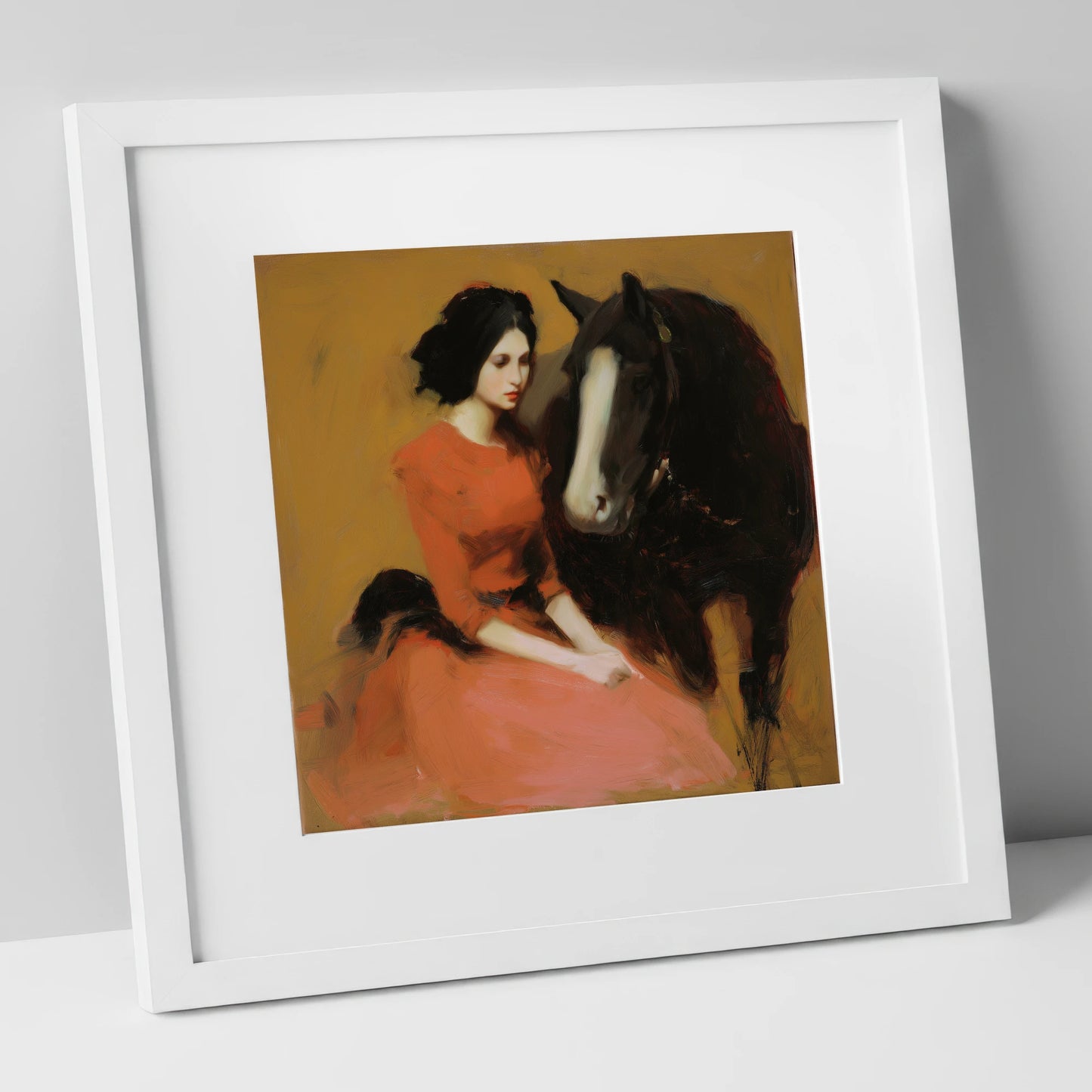 The Silent Bond horse & rider art print in white frame