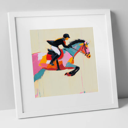 Vivid Showjumping Flight show jumping horse art print in white frame