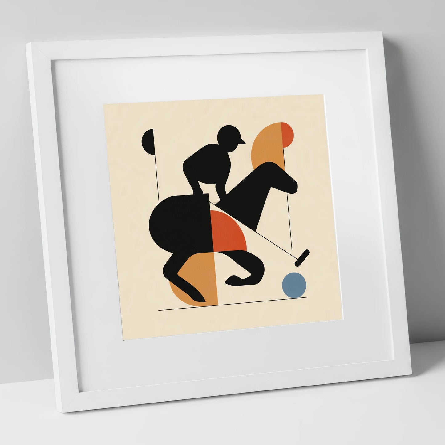Mid-Century Polo Strike polo horse art print in white frame