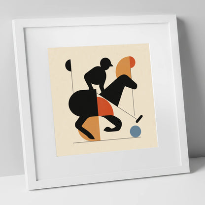 Mid-Century Polo Strike polo horse art print in white frame