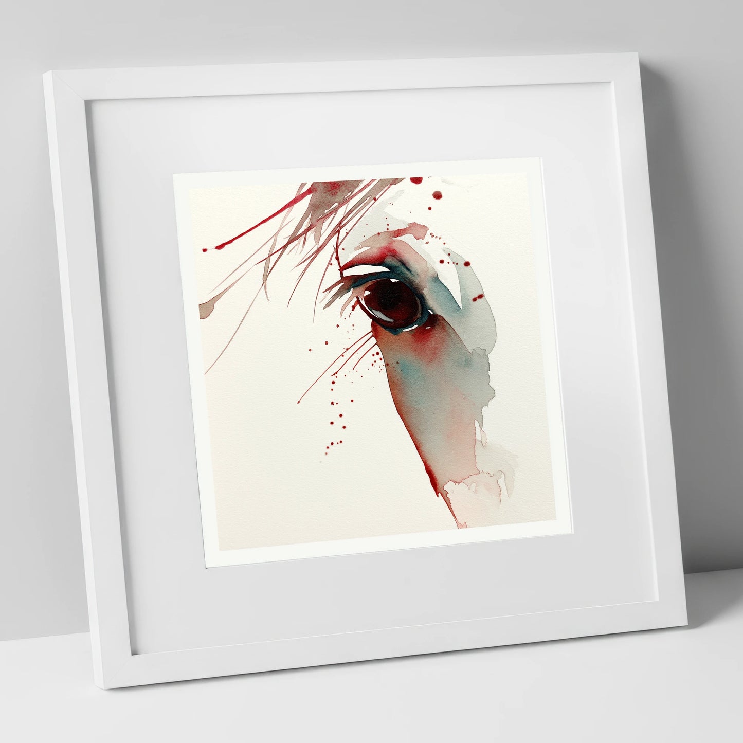 Crimson Gaze horse portrait art print in white frame