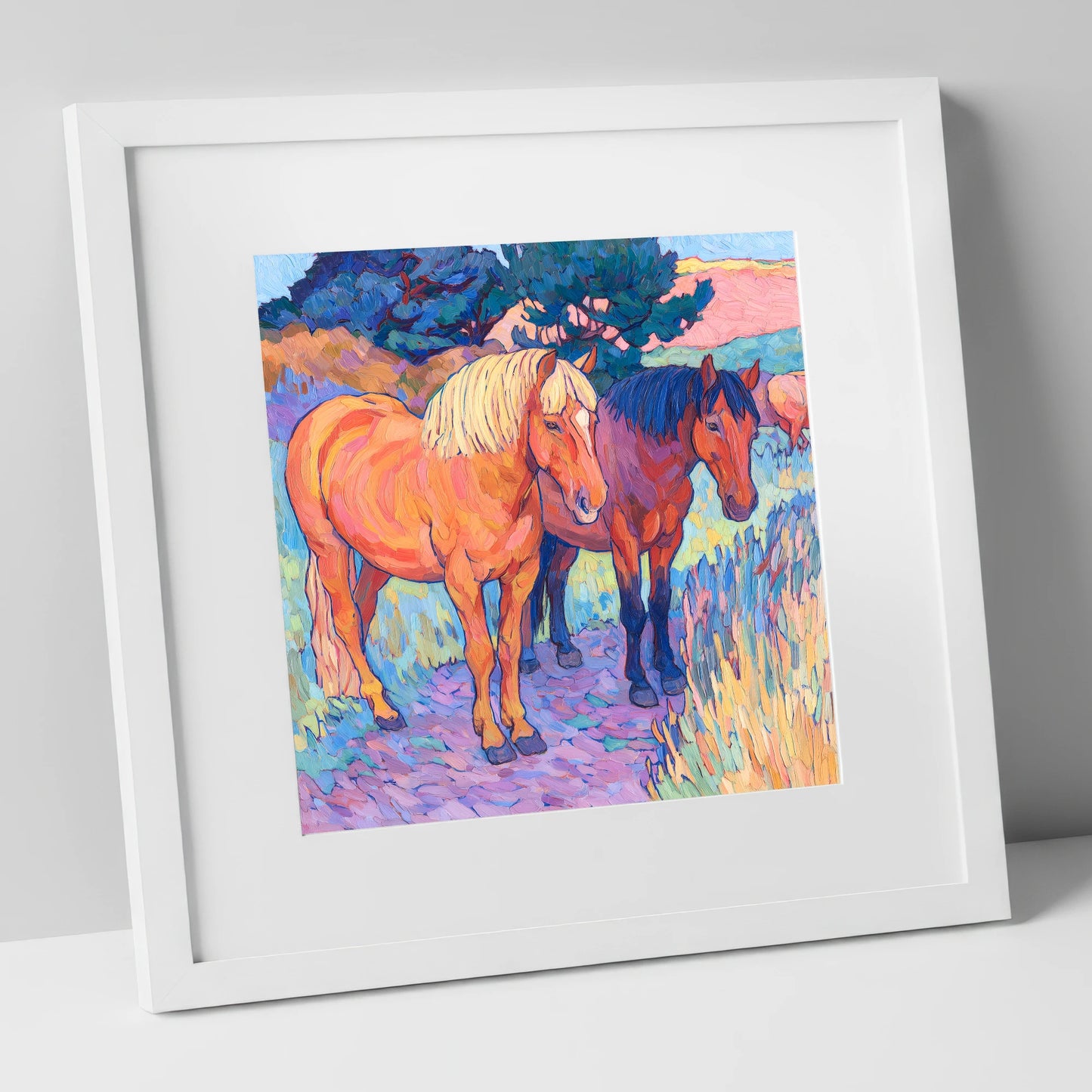 Sunset Pasture Companions horse landscape art print in white frame