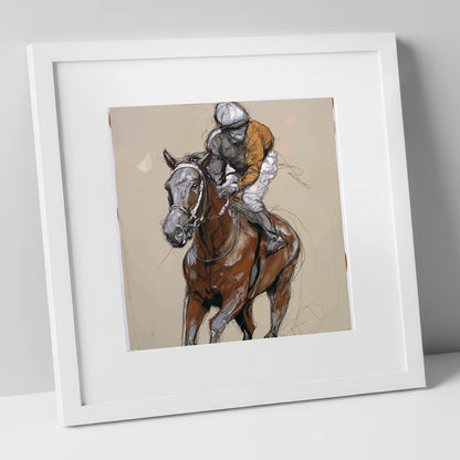 Pace and Power racing horse art print in white frame