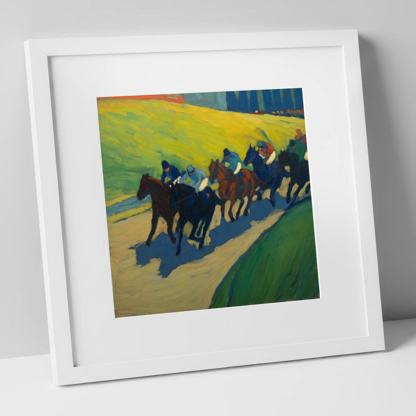 The Final Furlong racing horse art print in white frame