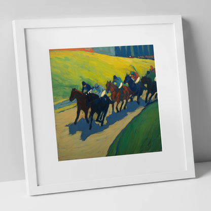 The Final Furlong racing horse art print in white frame
