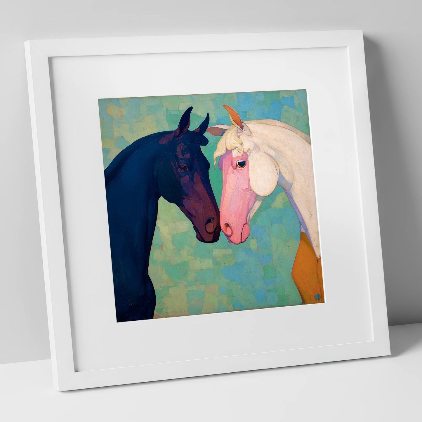 Sapphire and Rose horse portrait art print in white frame