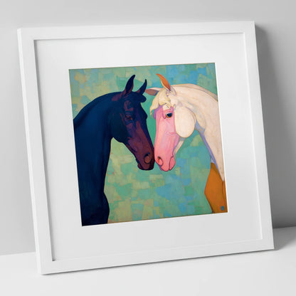 Sapphire and Rose horse portrait art print in white frame