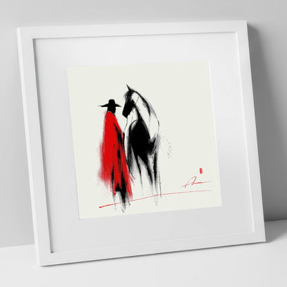 Crimson Western Silhouette western horse art print in white frame