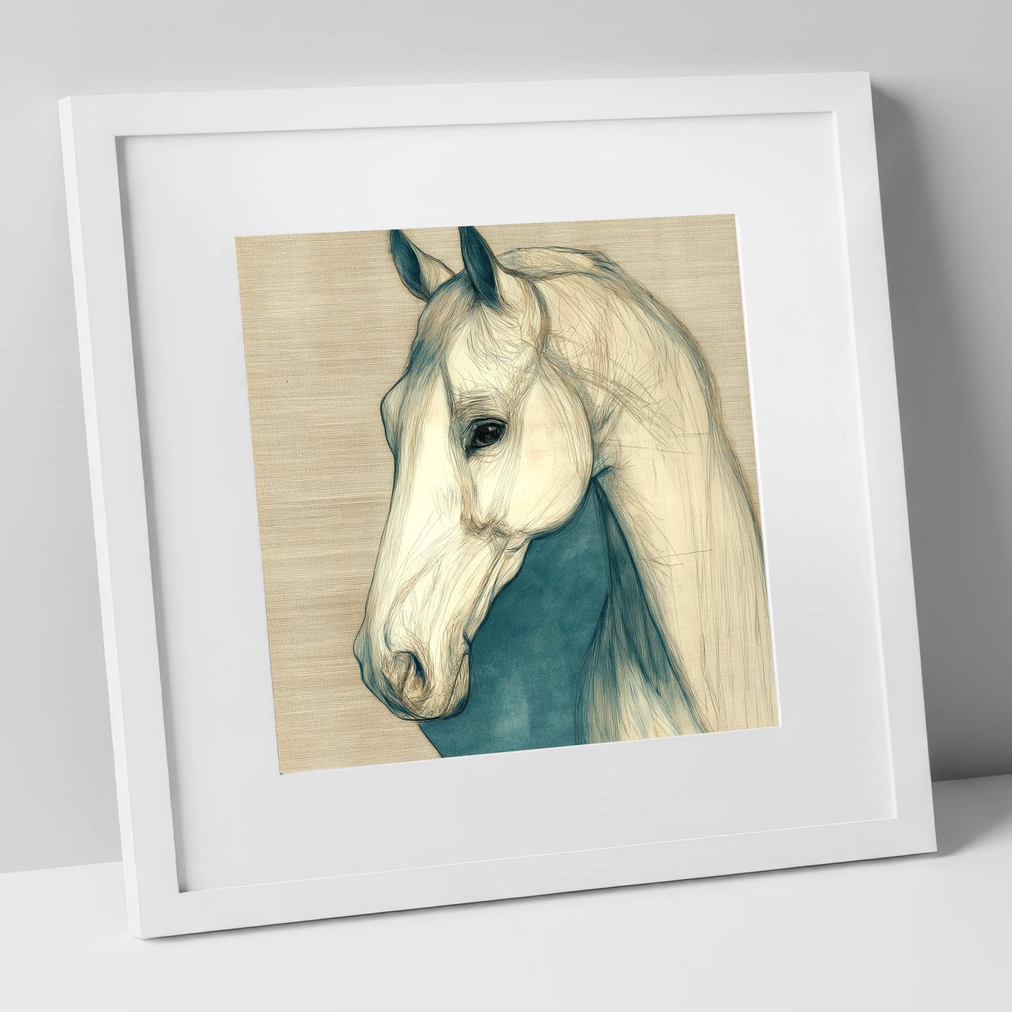 Serene Profile Sketch horse portrait art print in white frame