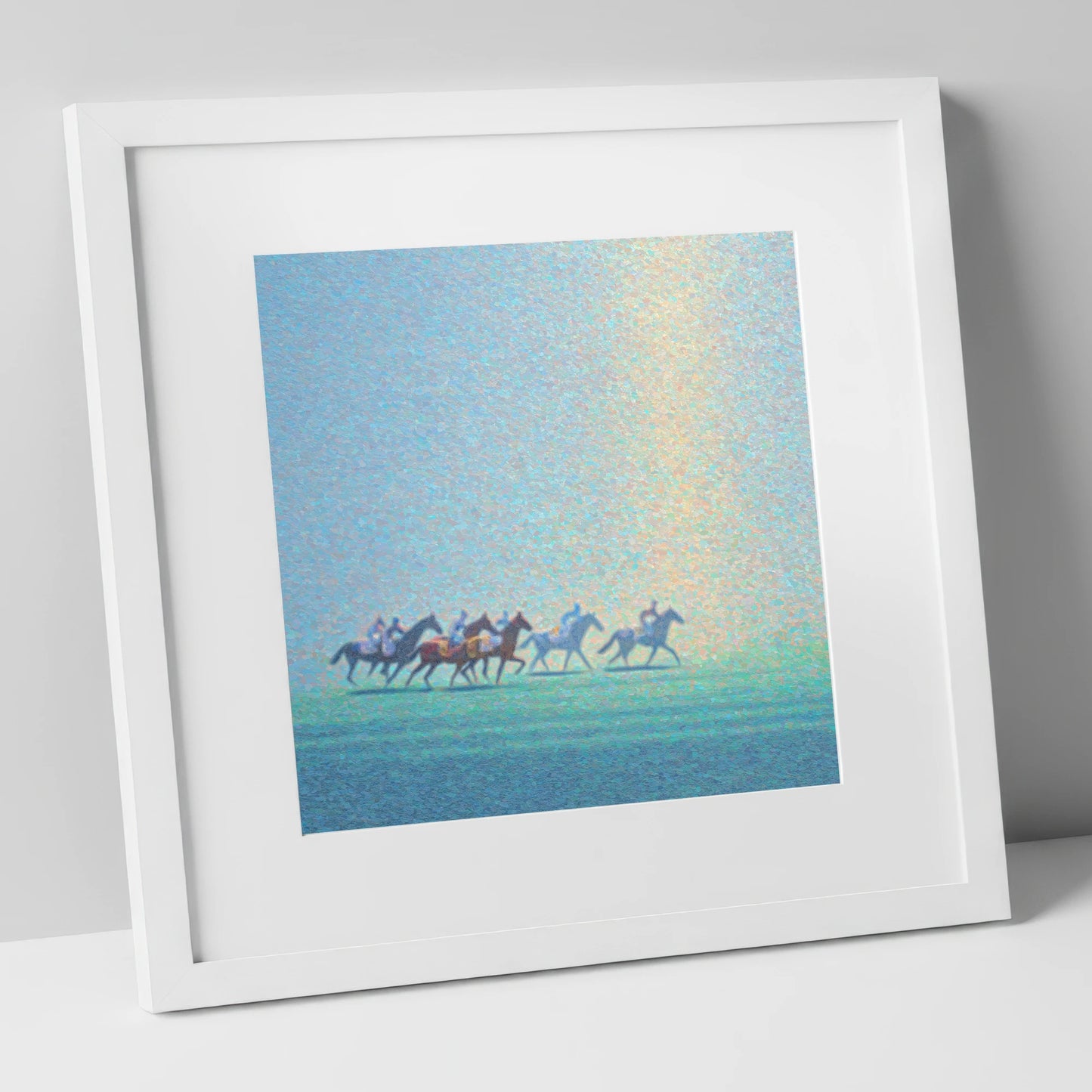 Ethereal Morning Gallop racing horse art print in white frame