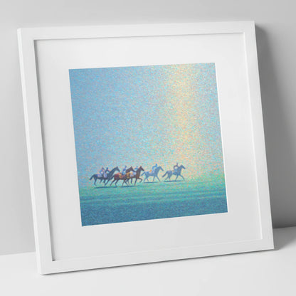 Ethereal Morning Gallop racing horse art print in white frame