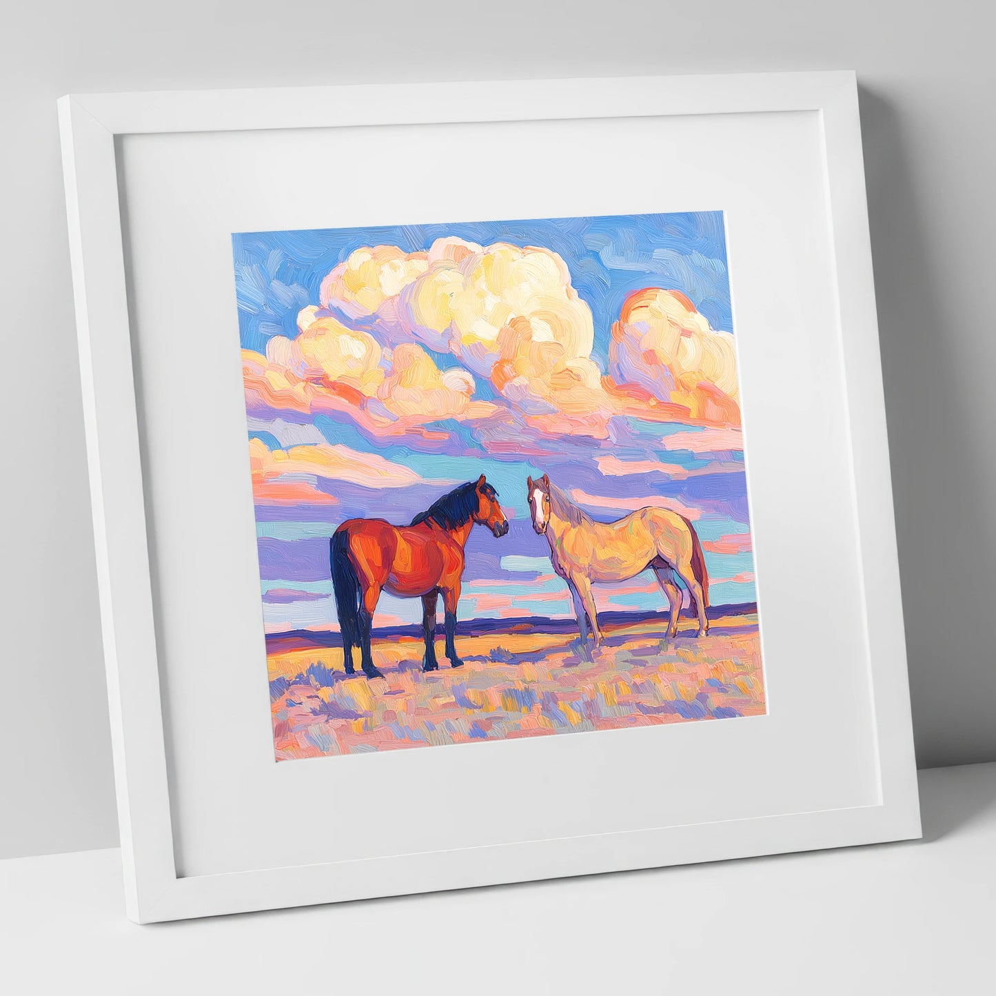 Under Painted Skies horse landscape art print in white frame