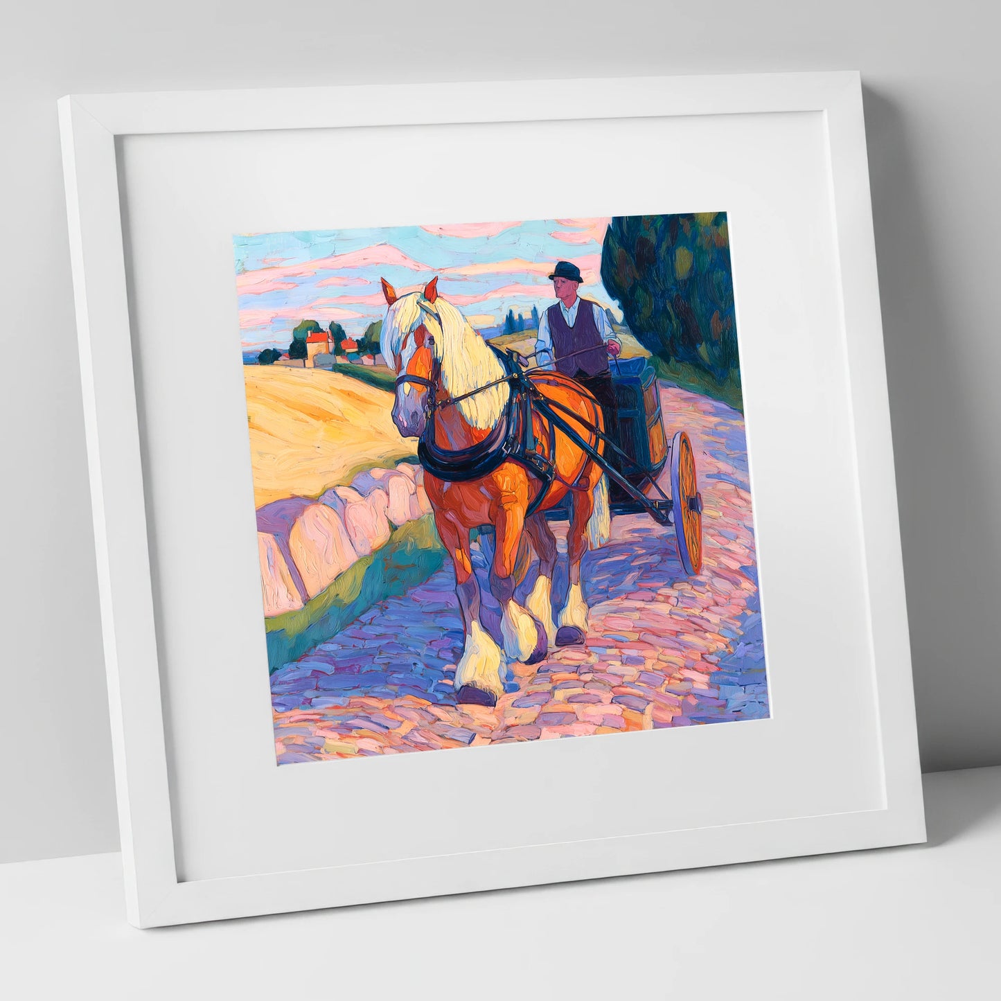 Evening Draught on Cobbles working horse art print in white frame