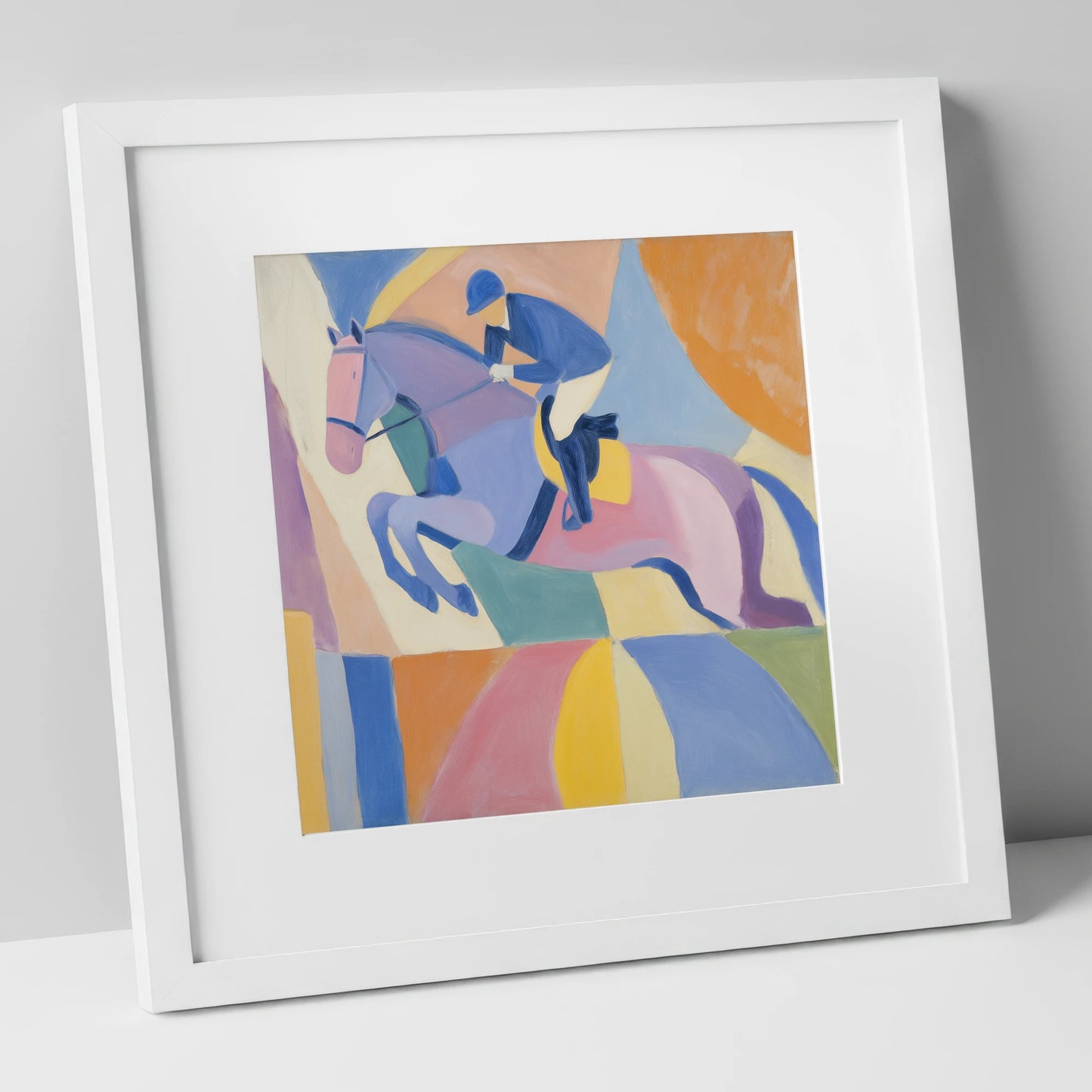 Geometric Flight show jumping horse art print in white frame