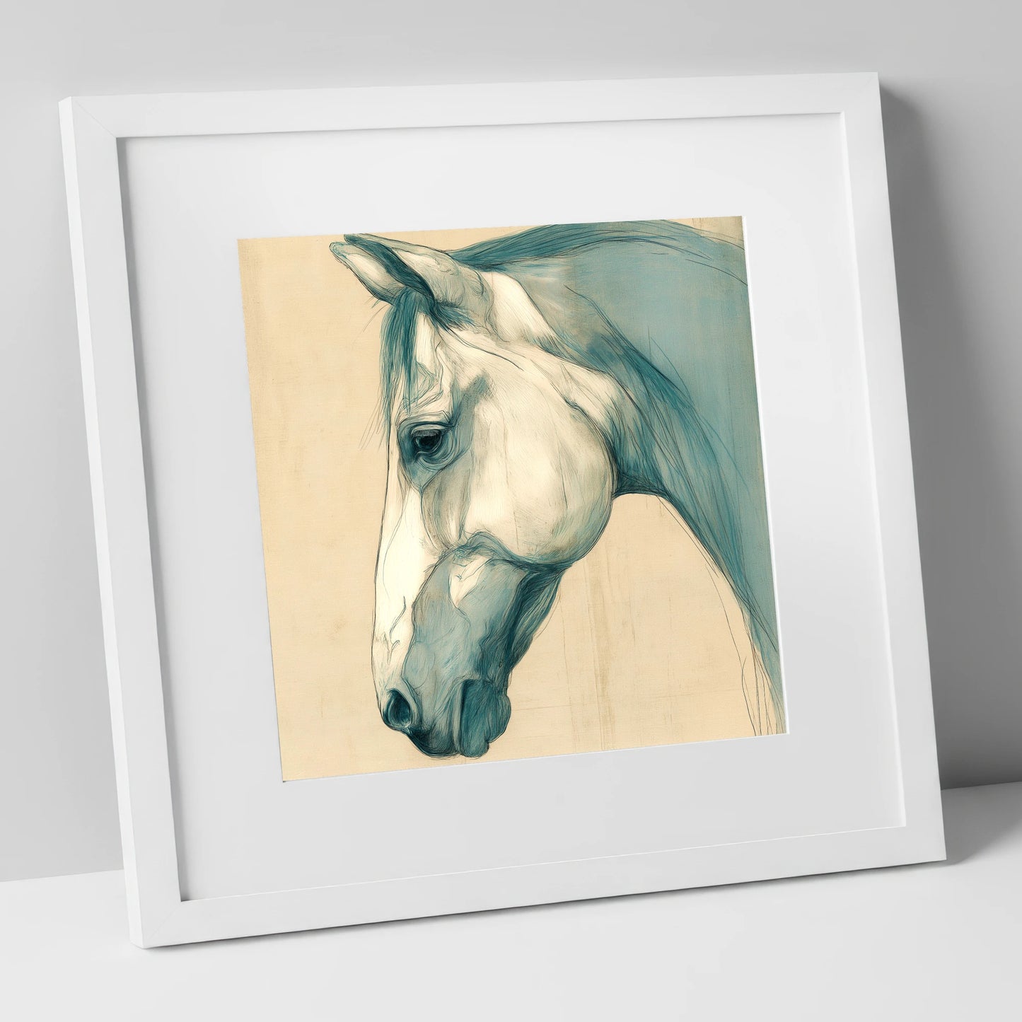 Teal Wash Portrait horse portrait art print in white frame