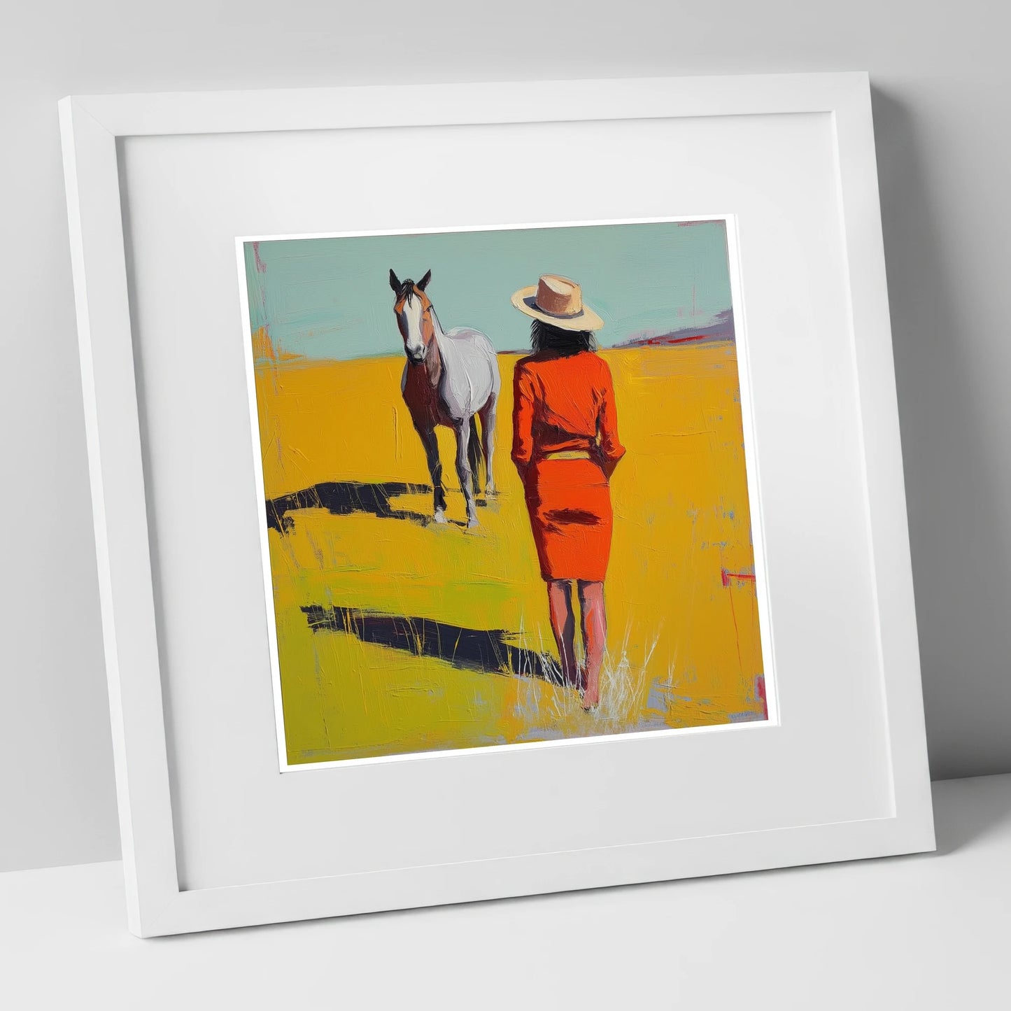 Sunlit Connection horse & rider art print in white frame
