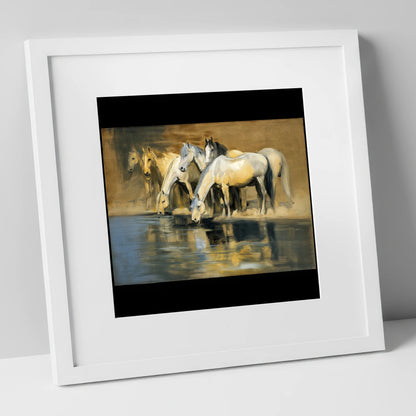 Reflections of the Herd wild horses art print in white frame