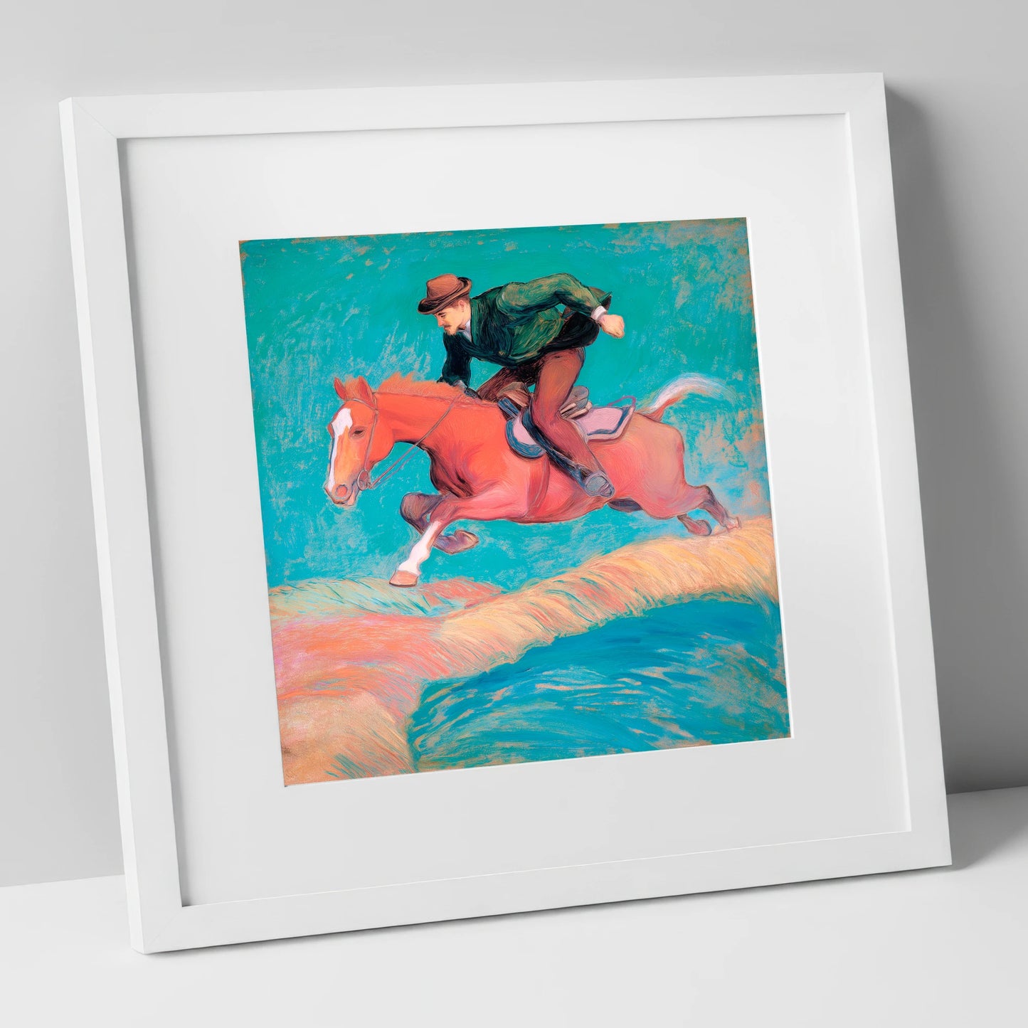 The Bold Leap show jumping horse art print in white frame
