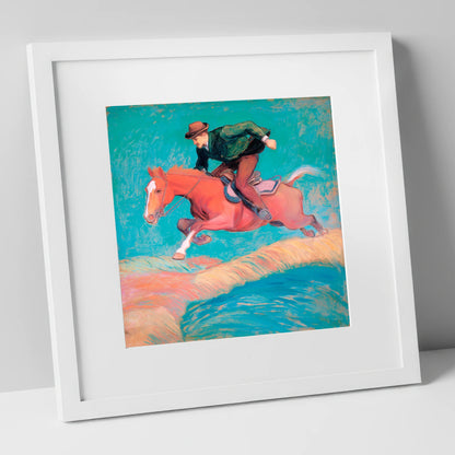 The Bold Leap show jumping horse art print in white frame