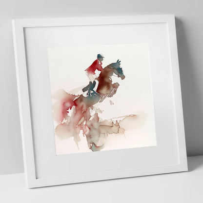 Crimson Flight show jumping horse art print in white frame