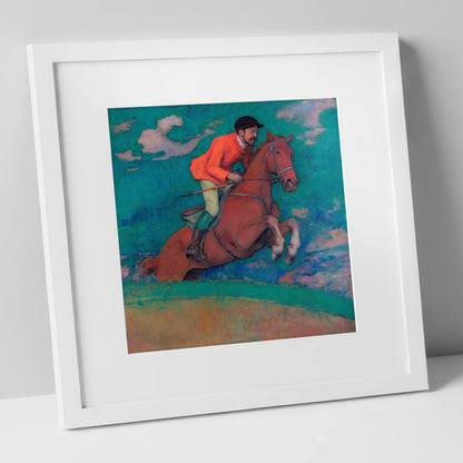 The Crimson Chase racing horse art print in white frame