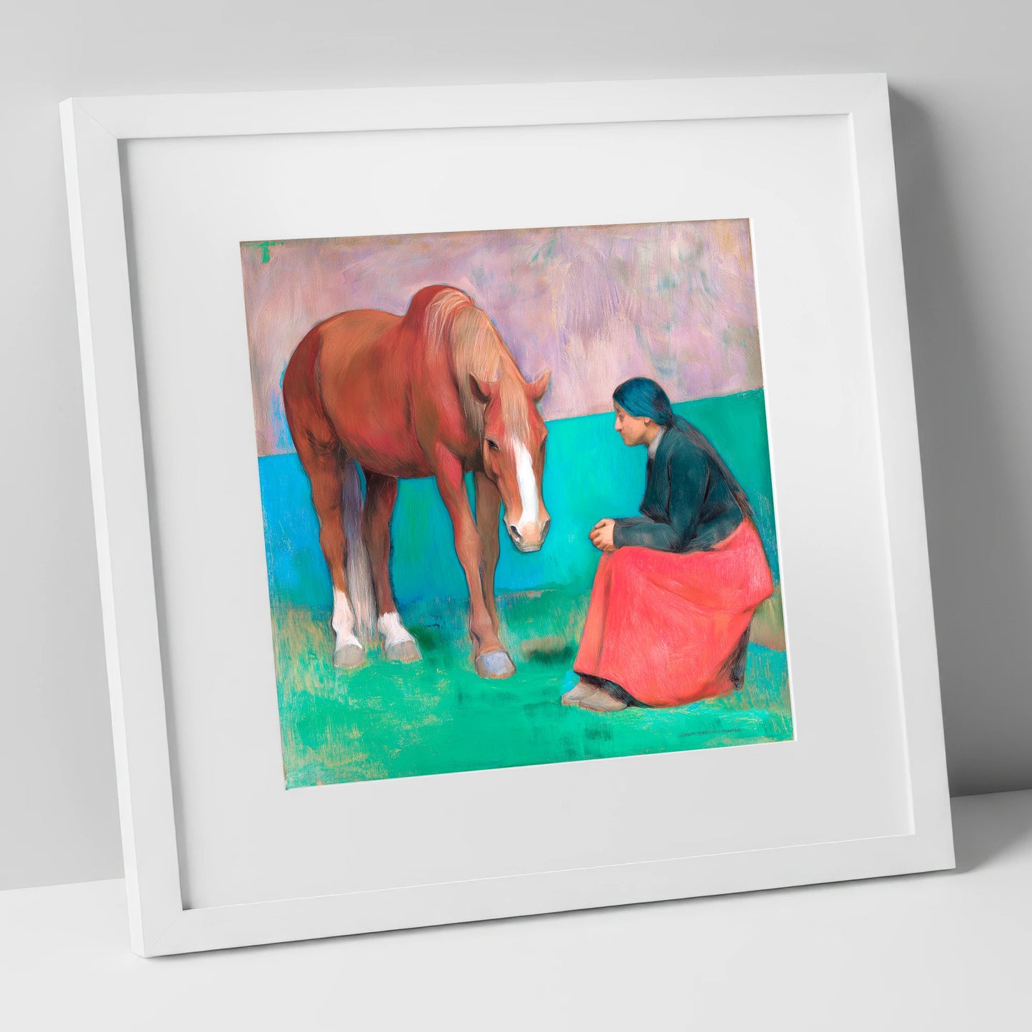 The Silent Dialogue horse & rider art print in white frame
