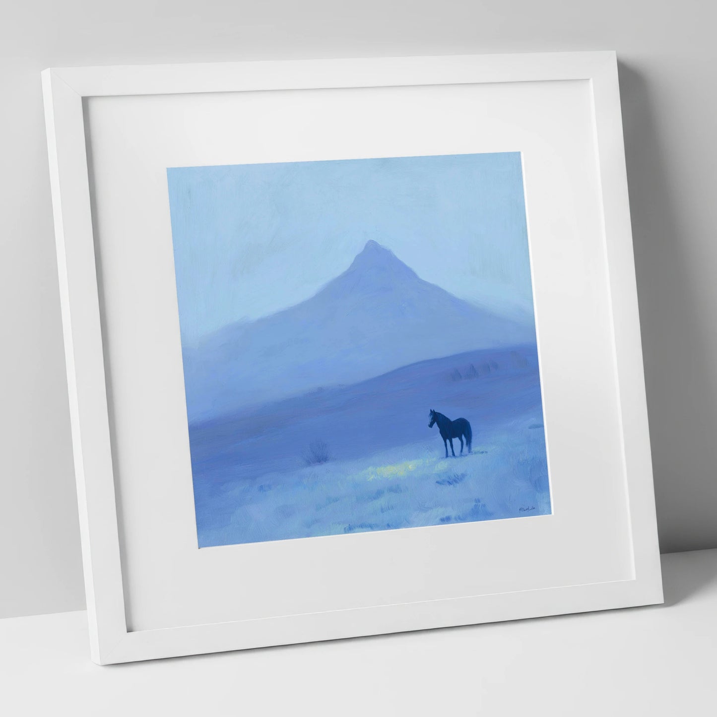 Azure Mountain Solitude horse landscape art print in white frame