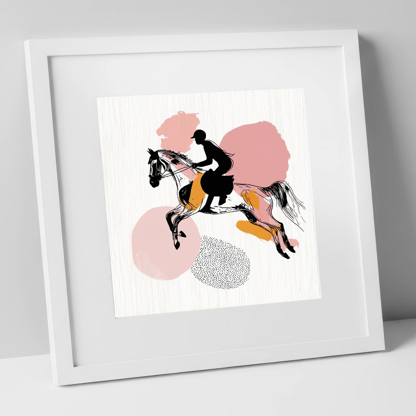 Abstract Equine Flight show jumping horse art print in white frame