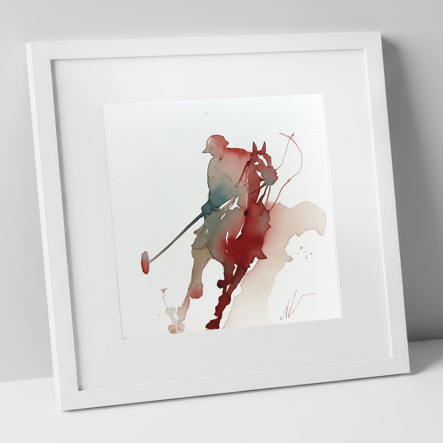 The Crimson Chukka polo horse art print in white frame