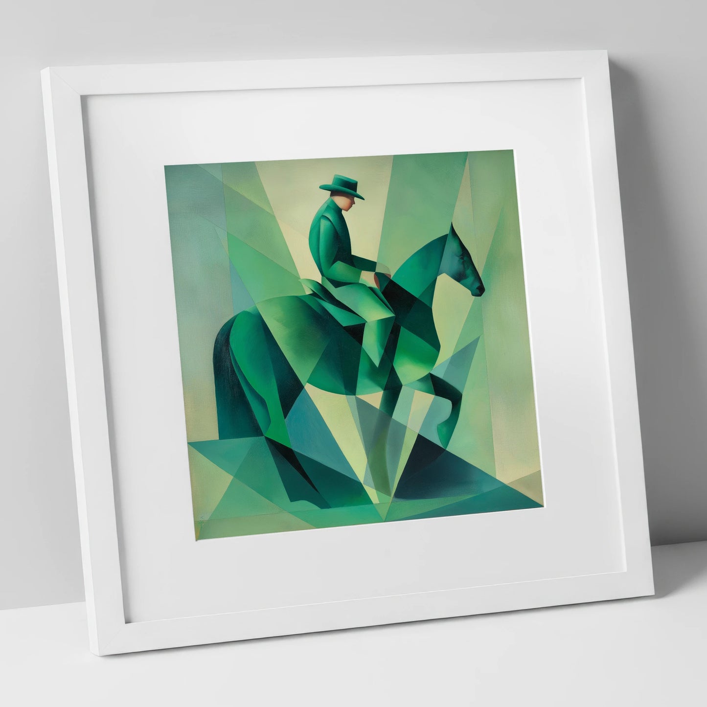Faceted Emerald Stride western horse art print in white frame