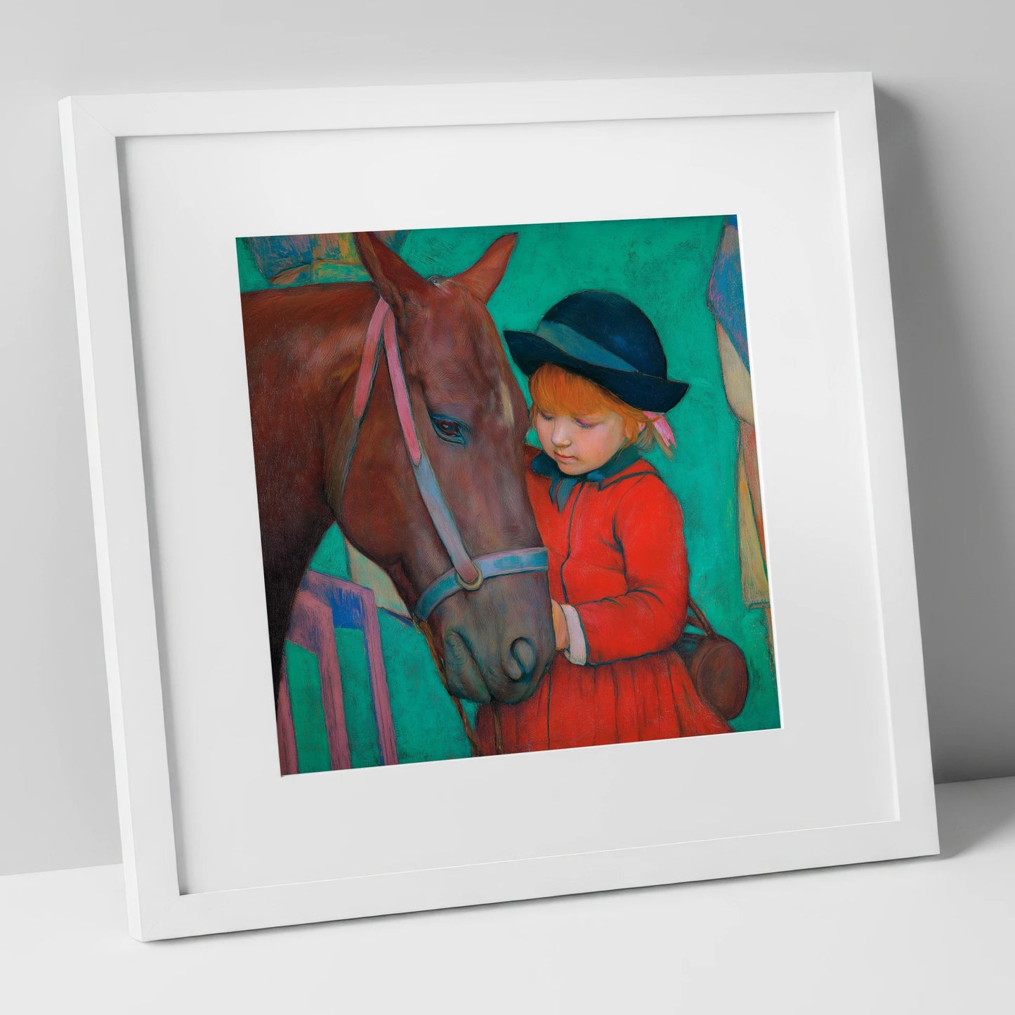The Gentle Introduction horse & rider art print in white frame