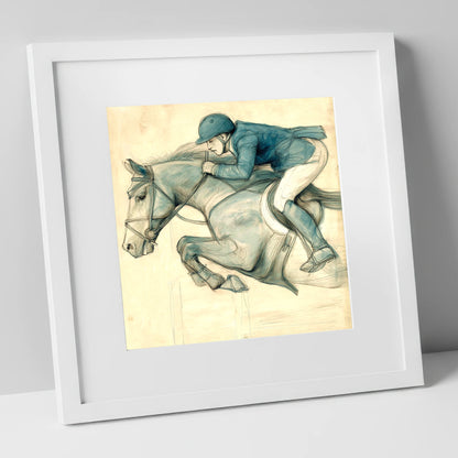 The Perfect Arc show jumping horse art print in white frame