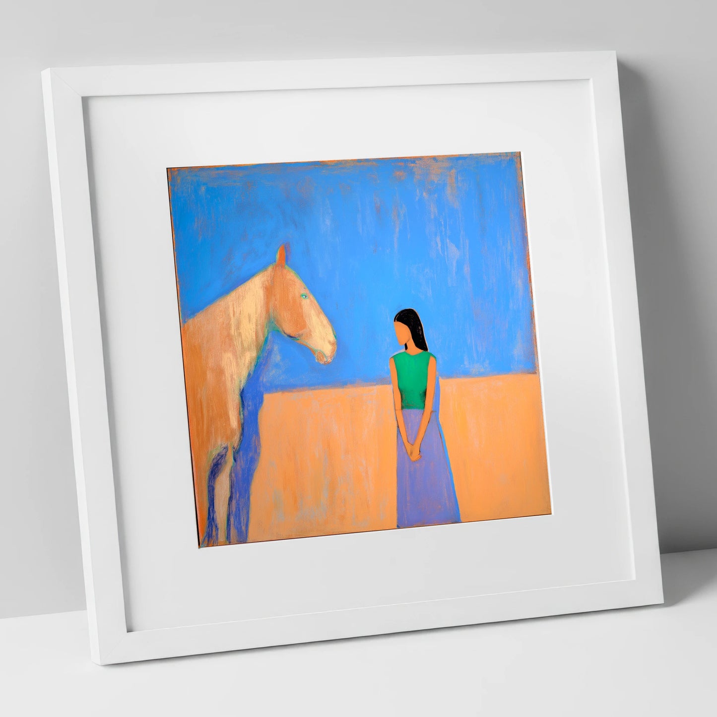 Silent Understanding horse & rider art print in white frame