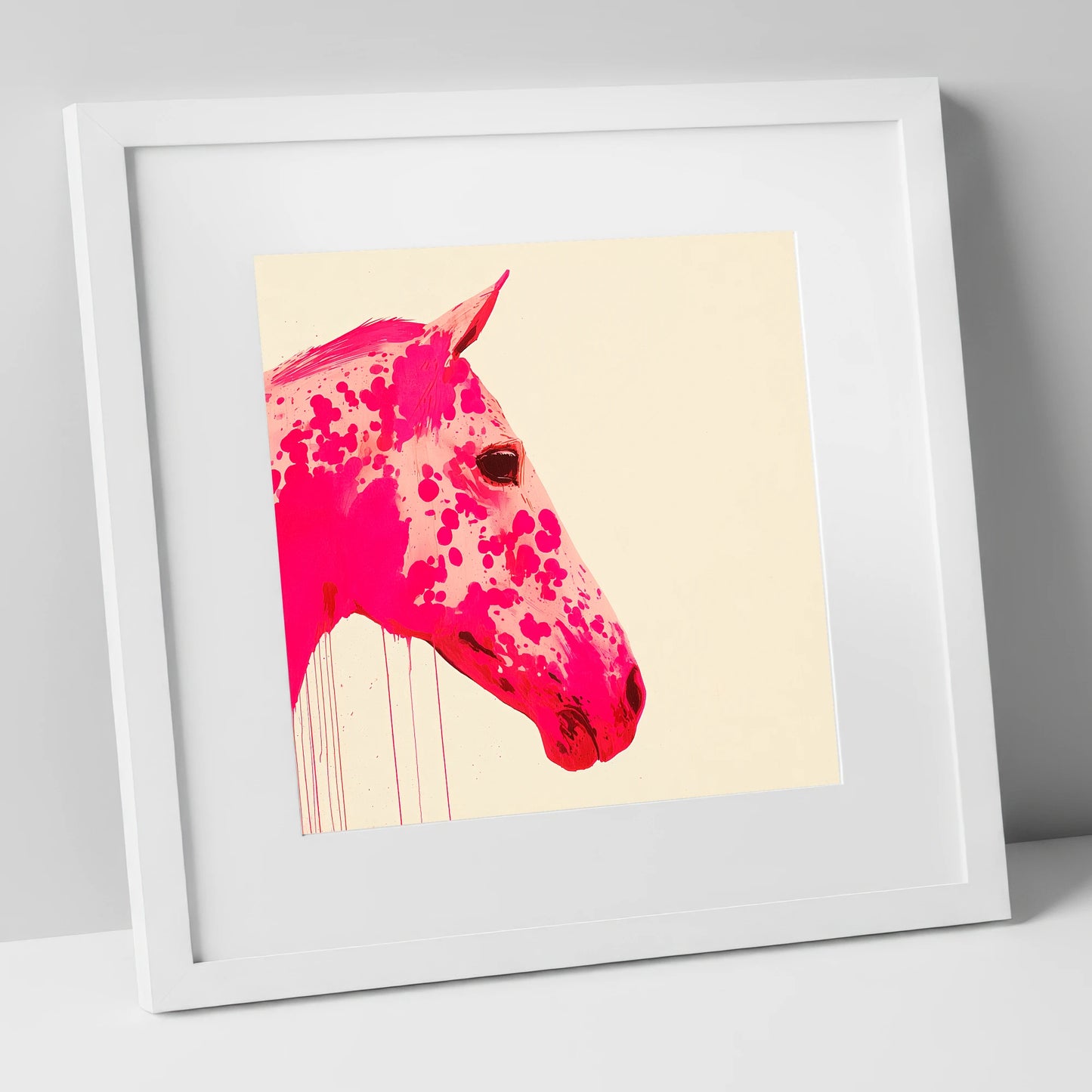 Vibrant Magenta Profile horse portrait art print in white frame