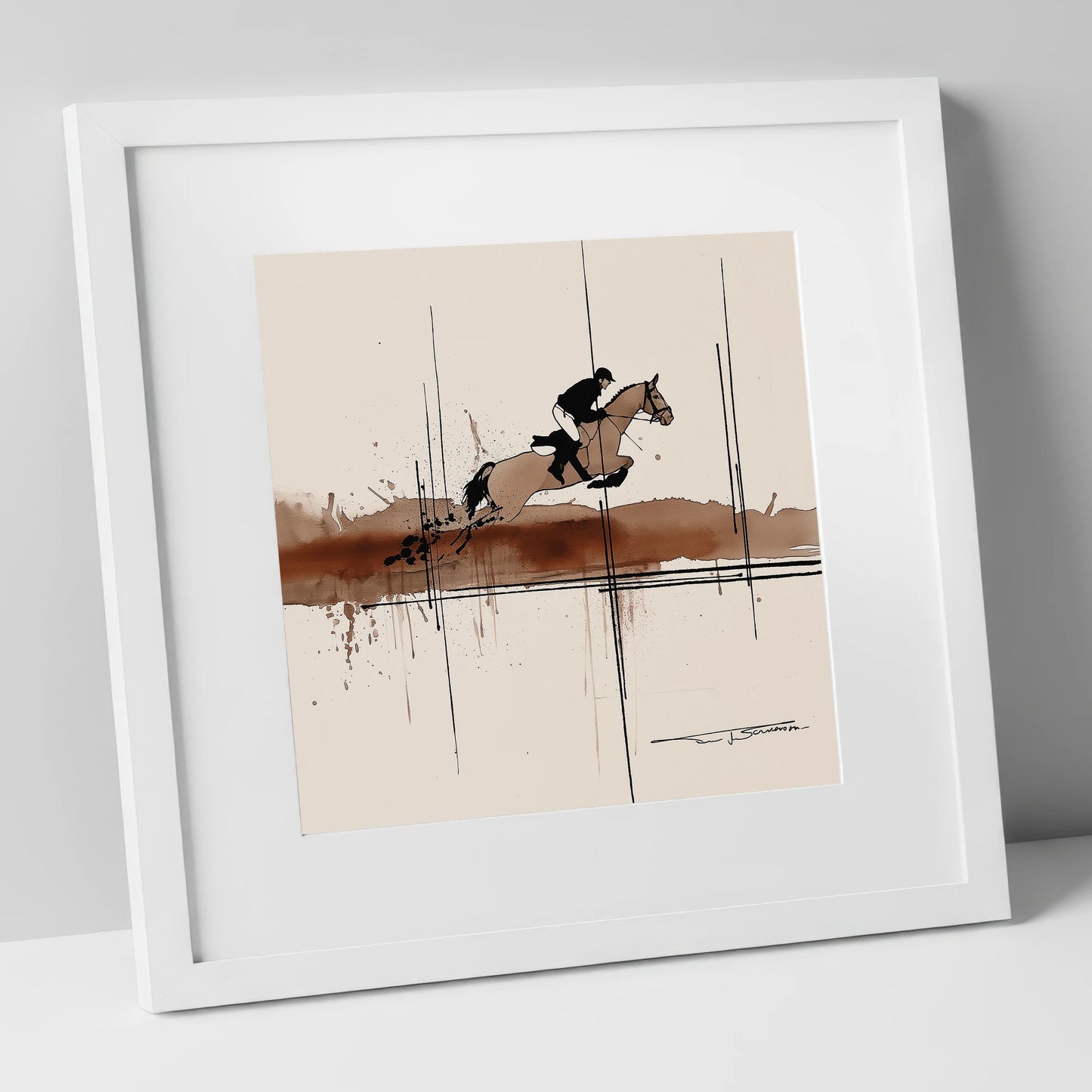 Dynamic Trajectory show jumping horse art print in white frame