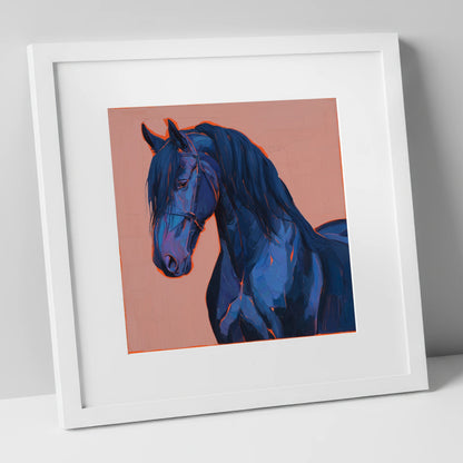Midnight Blue Majesty horse breed art print in white frame