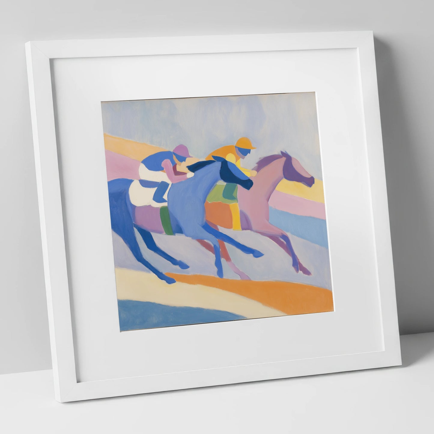 Modern Pastel Gallop racing horse art print in white frame