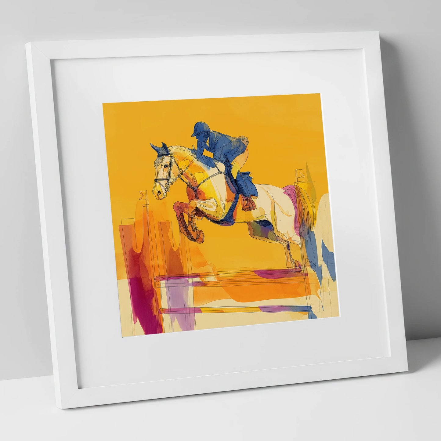 Flight In Gold show jumping horse art print in white frame