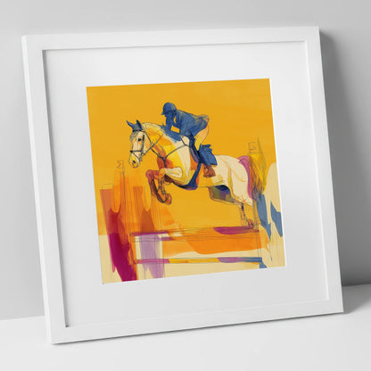 Flight In Gold show jumping horse art print in white frame