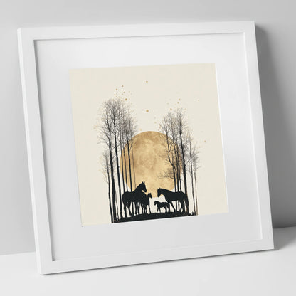 Moonlit Forest Clearing horse landscape art print in white frame