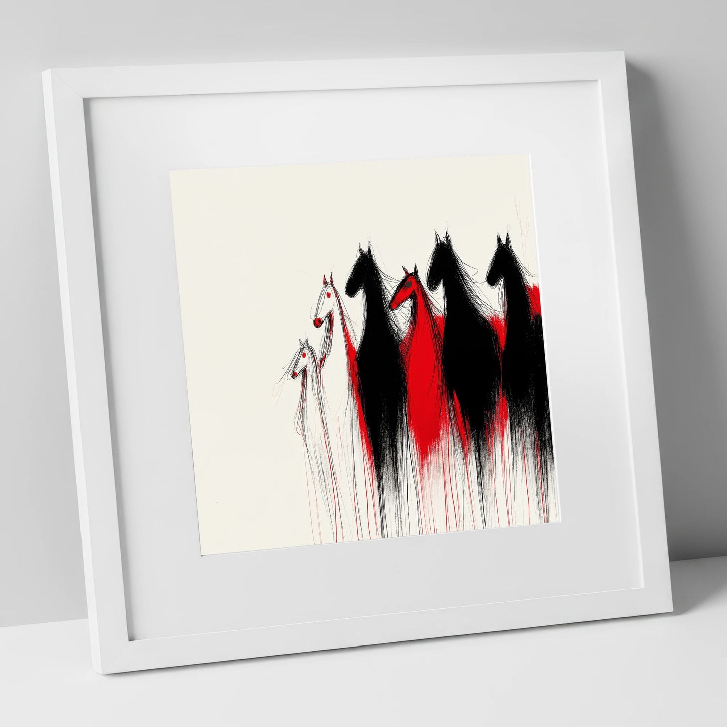 Crimson Herd Silhouettes wild horses art print in white frame