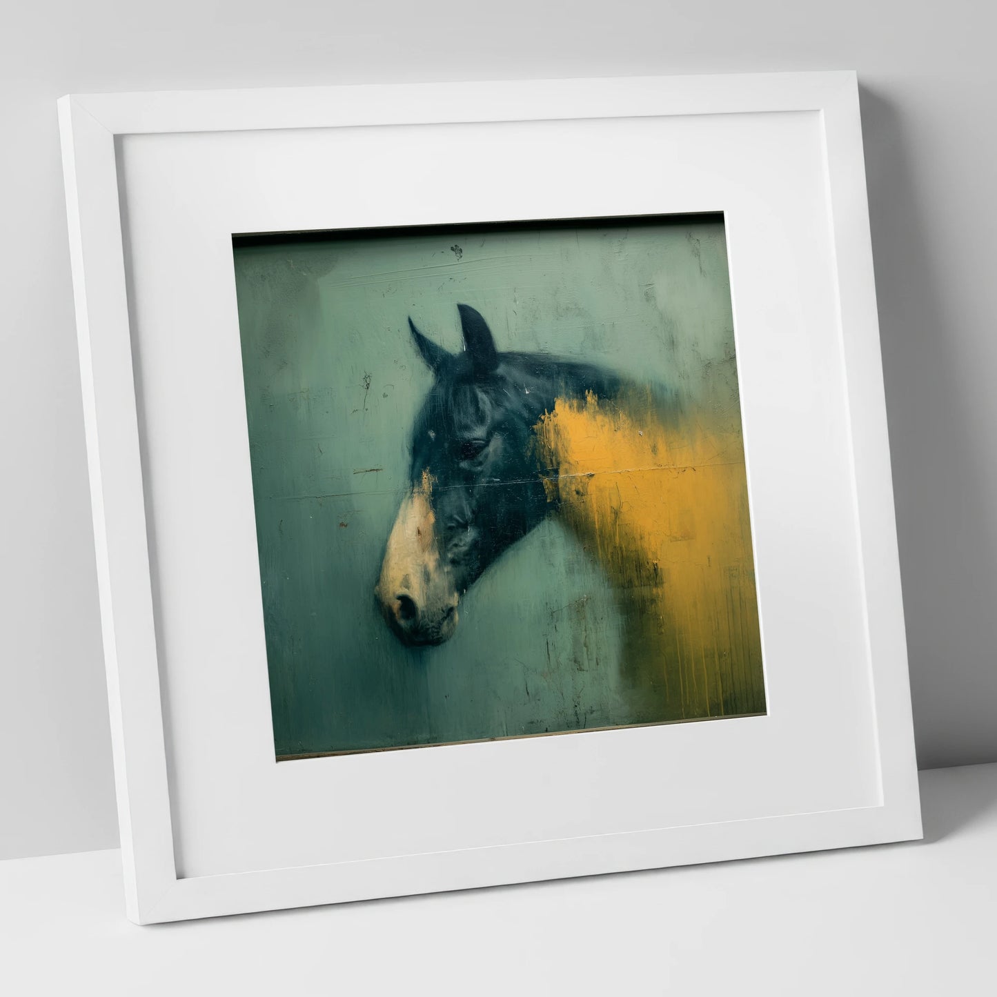 Moody Ochre Profile horse breed art print in white frame