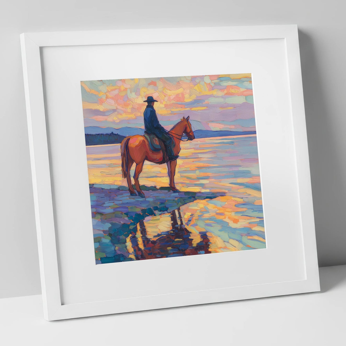 Solitary Sunset Ride beach horse art print in white frame