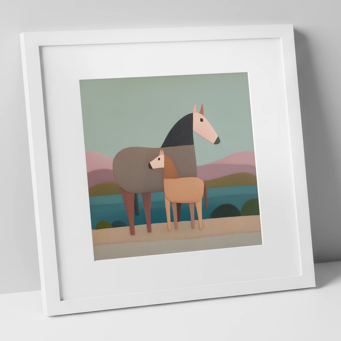 Stylised Equine Harmony mare & foal art print in white frame