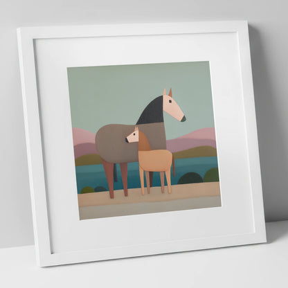 Stylised Equine Harmony mare & foal art print in white frame