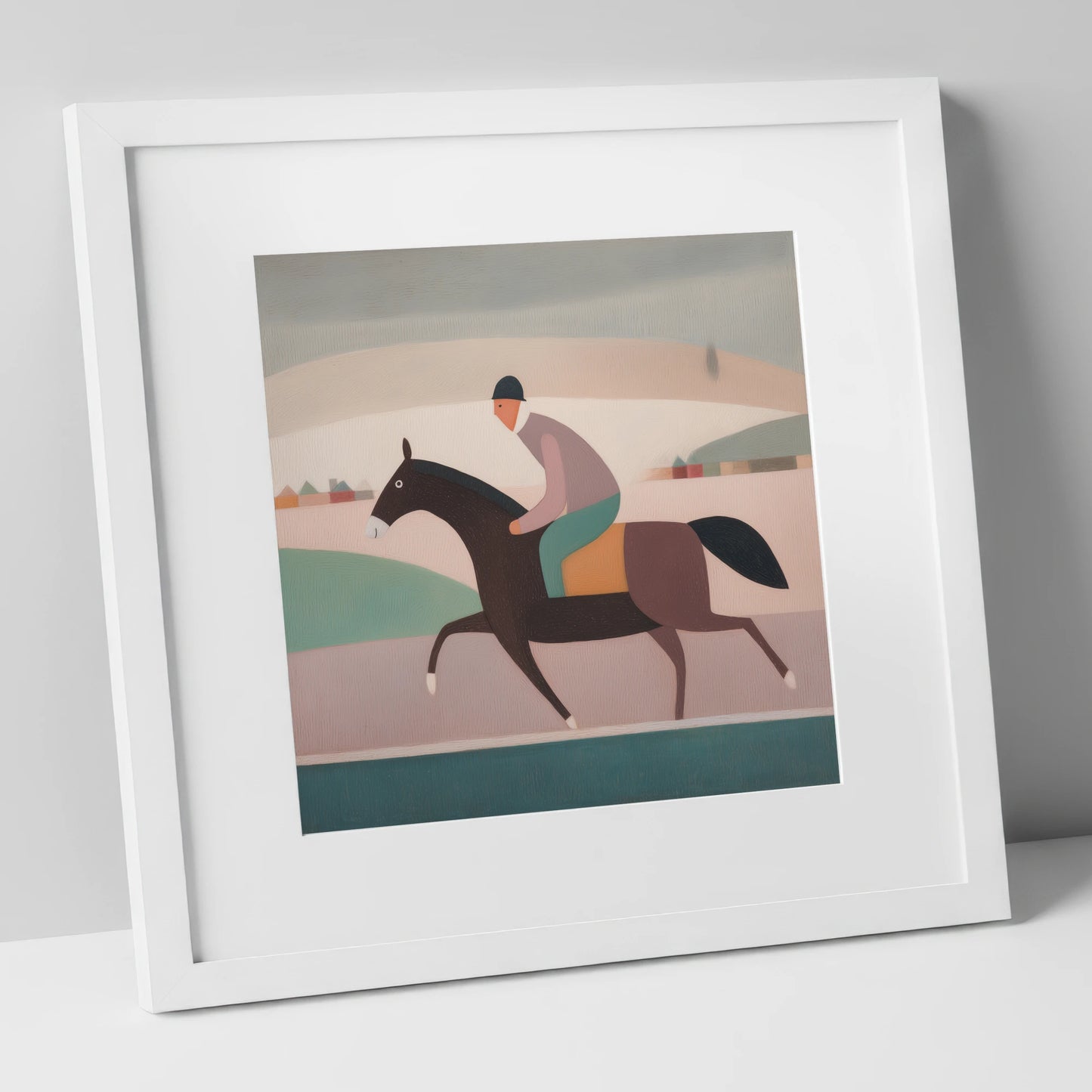 Muted Morning Canter racing horse art print in white frame