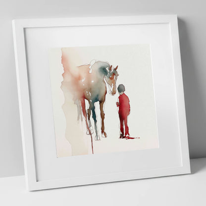 The Unspoken Bond horse & rider art print in white frame