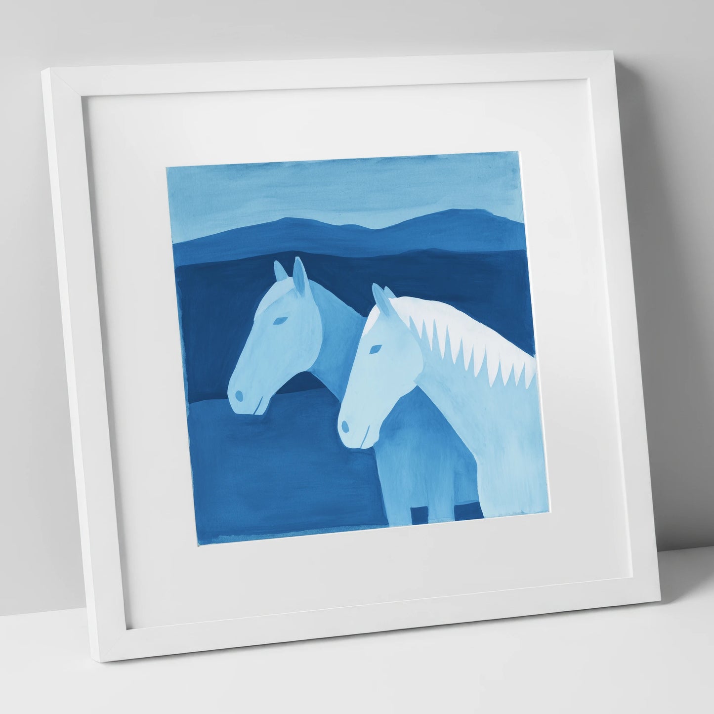 Azure Mountain Companions horse landscape art print in white frame