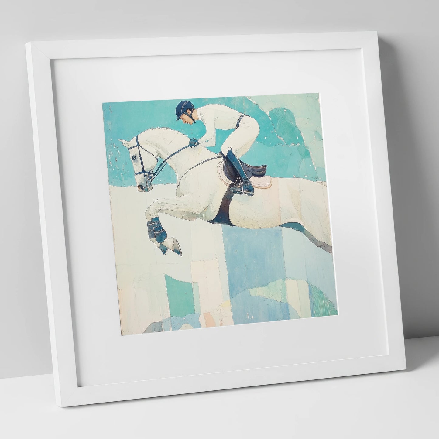 Teal Ascent show jumping horse art print in white frame