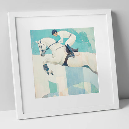 Teal Ascent show jumping horse art print in white frame